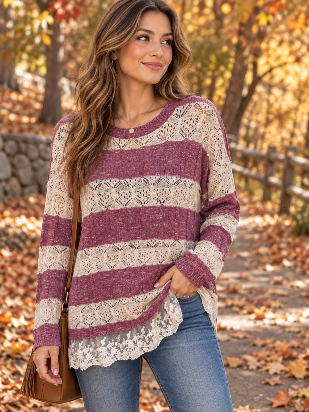 Umgee Striped Knit Top in Mauve and Cream with Lace Hem